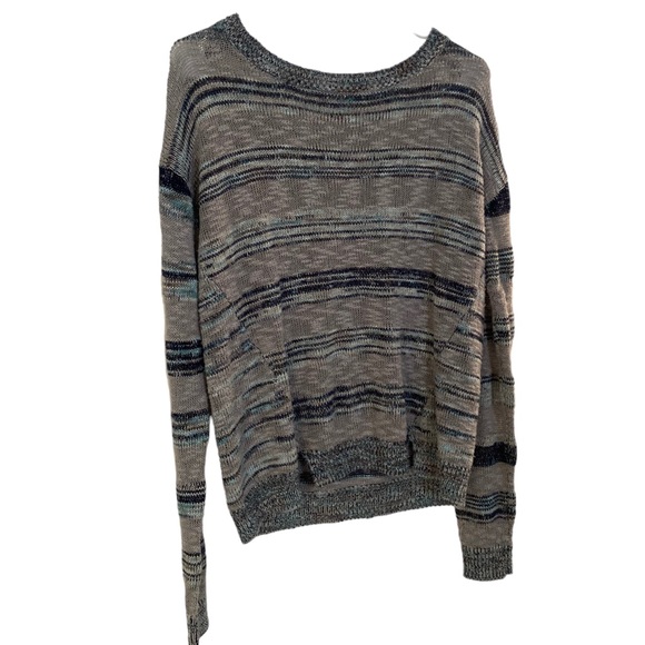 Gray And Blue Striped Sparkly Long Sleeve Sweater/Blouse With Slits On The Front - Picture 3 of 9